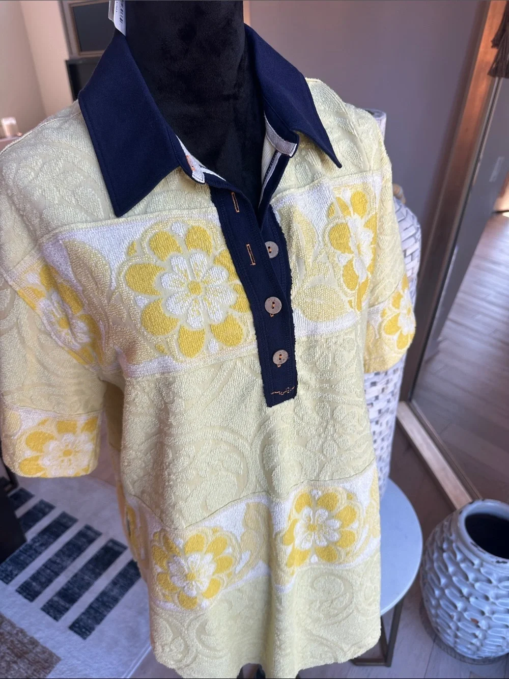 Free People Yellow Floral Terry Polo with Navy Placket